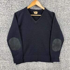 Vintage Alan Paine Sweater Mens Medium Blue Wool V Neck Elbow Patch England 60s